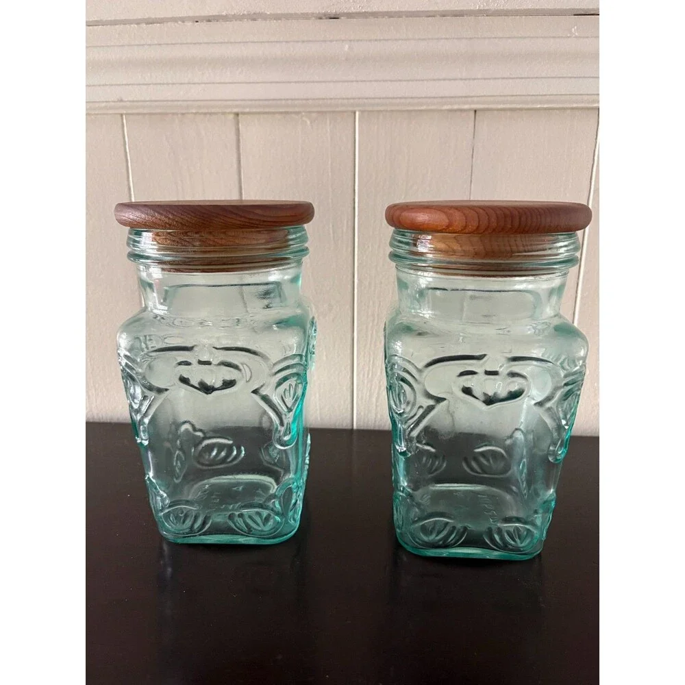 Vintage Vetreria Etrusca Italy Green Glass Canister Jars Wood Lids Set of 2